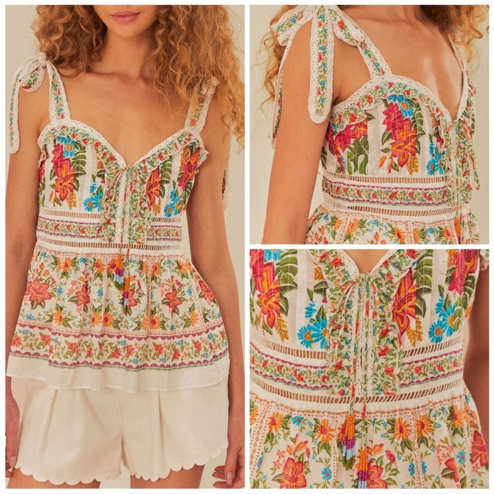 FARM Rio White Floral Tie-Shoulder Peplum Top